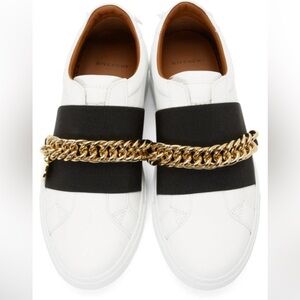 Givenchy Women White Leather Urban Street Sneakers Black Strap & Gold Chain 9.5